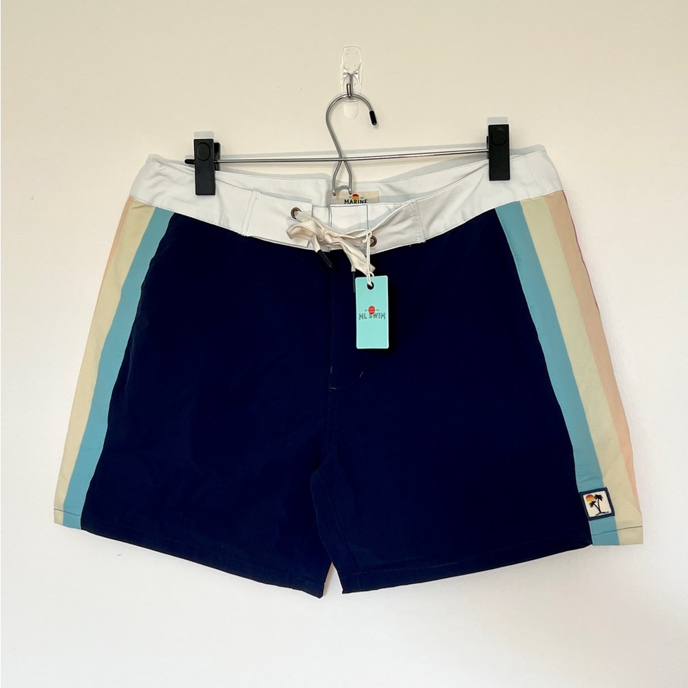 Marine Layer Navy Board Shorts with Multicolor Stripes